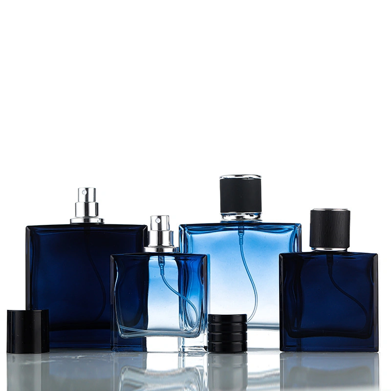 Frasco perfume de 50 ml, quadrado azul, para crimpagem, vidro cosmético, 100 ml de fragrância Frasco pulverizador com tampas pretas