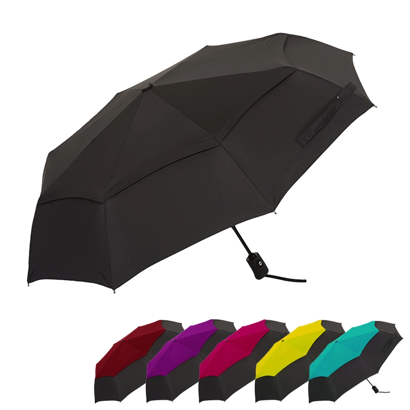 8K Black Automatic Windproof Double Vented Canopy 3 Fold Umbrella