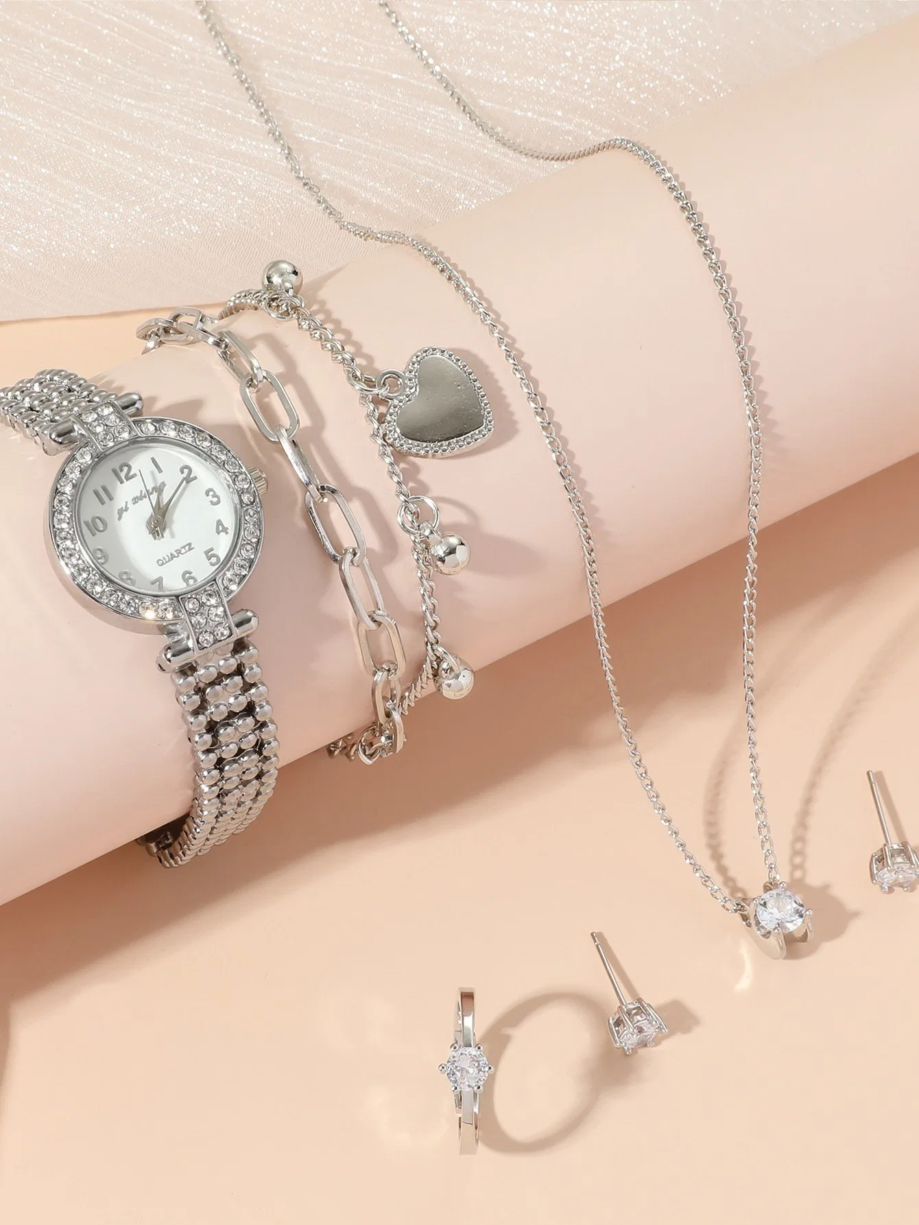 Bracelet en acier Diamond Watch Ladies Quartz Watch 5 pièces ensemble Bijoux