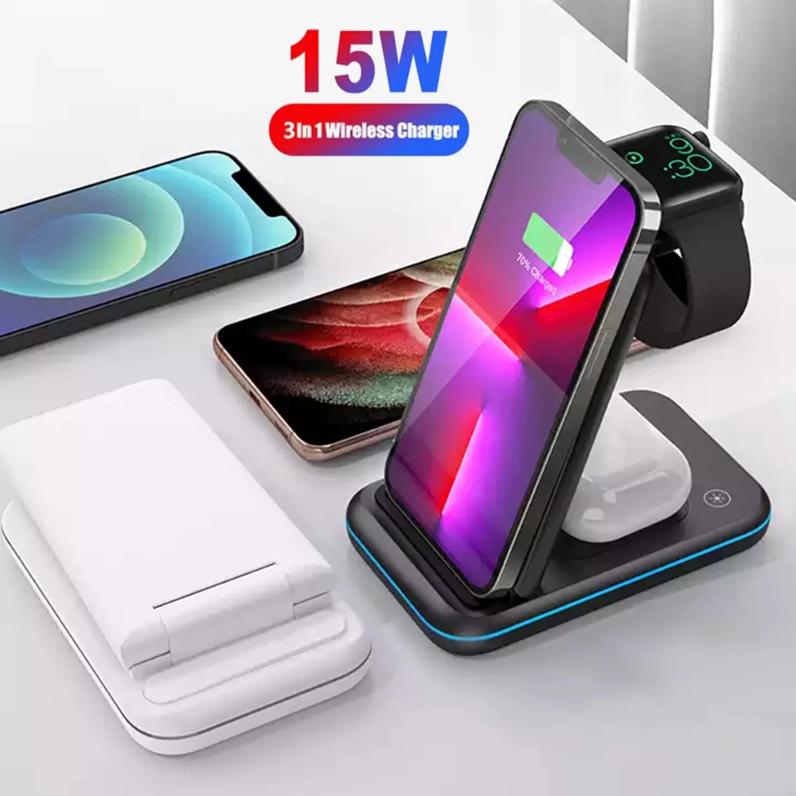 Top Ranking Products 2021 Qi 15W Fast Wireless Charging Dock Station for iPhone Wireless Charger 3 in 1 Foldable Stand