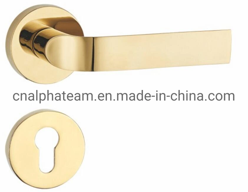 Modem Europe Style Zamak Lever Handle on Round Rosette for Security Door with Gold Plated