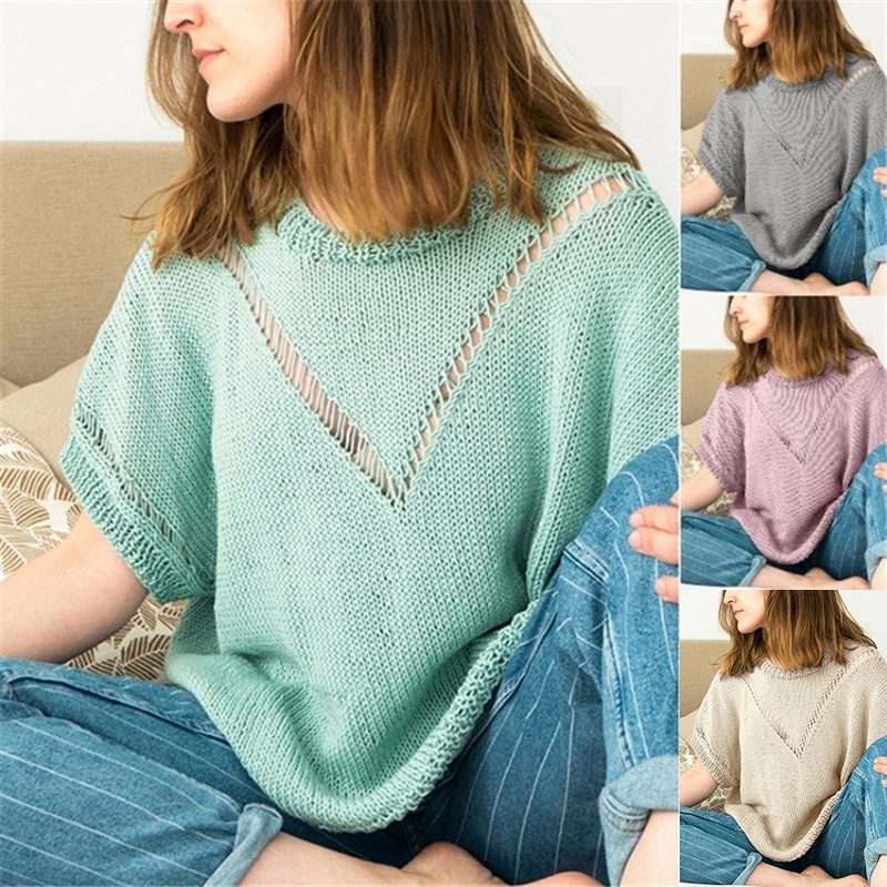 Spring Casual Short Sleeve Loose Hollow Women Pullover Knit Sweater