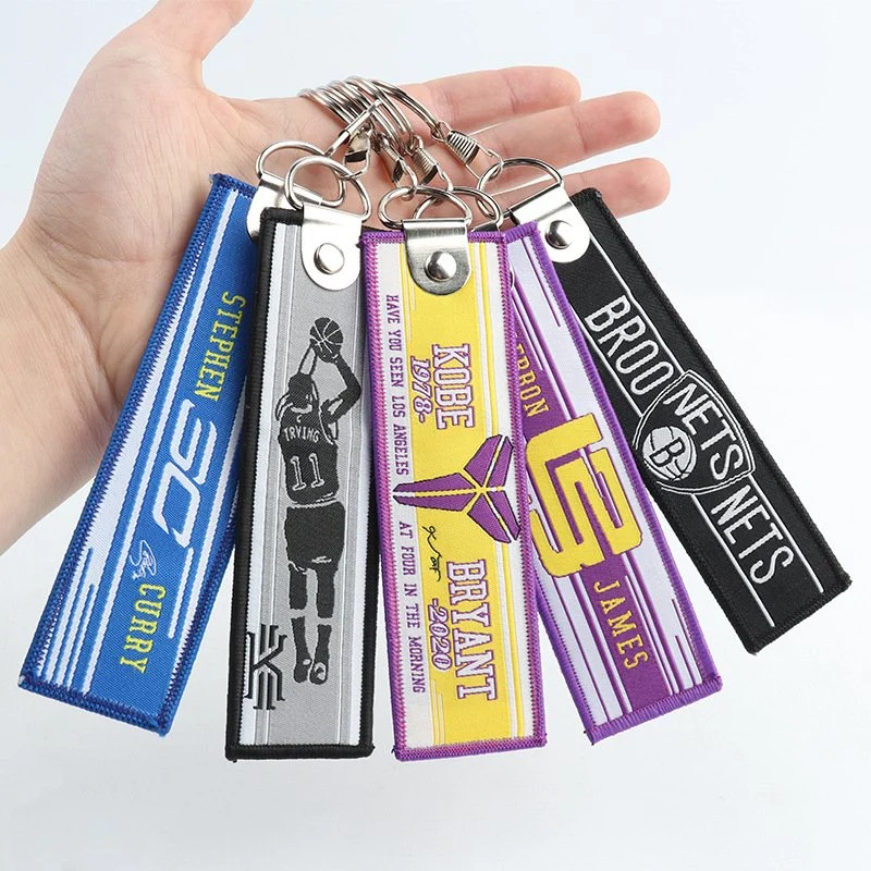 Logo Polyester Metal Leather Label Fabric Embroidery Metal Alarm Clock Jump Rings Wooden Embroidered Woven Key Chain