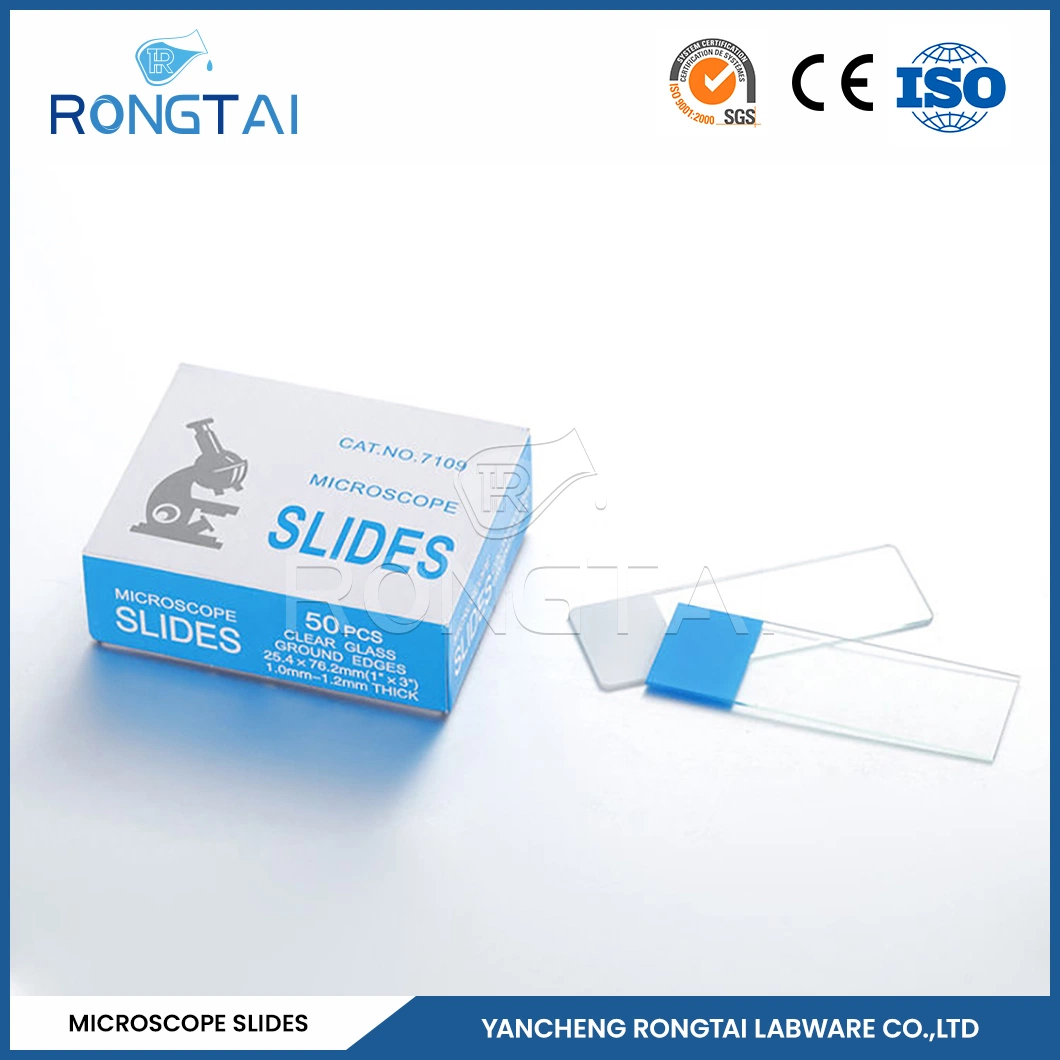 Rongtai vidrio para Microscope fábrica vidrio diapositiva 7107 China 7101 7102 7105 7107 7109 vidrio de portaobjetos congelado