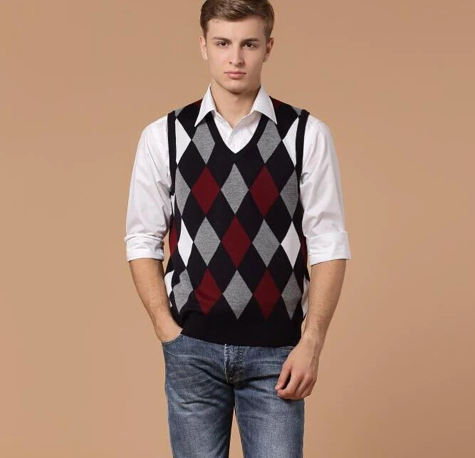 Мода марки Argyle свитер майка для мужская Pullovers Клетчатую тонкий установите перемычки трикотажные Майка контрастный цвет поверхности повседневная одежда мужчин