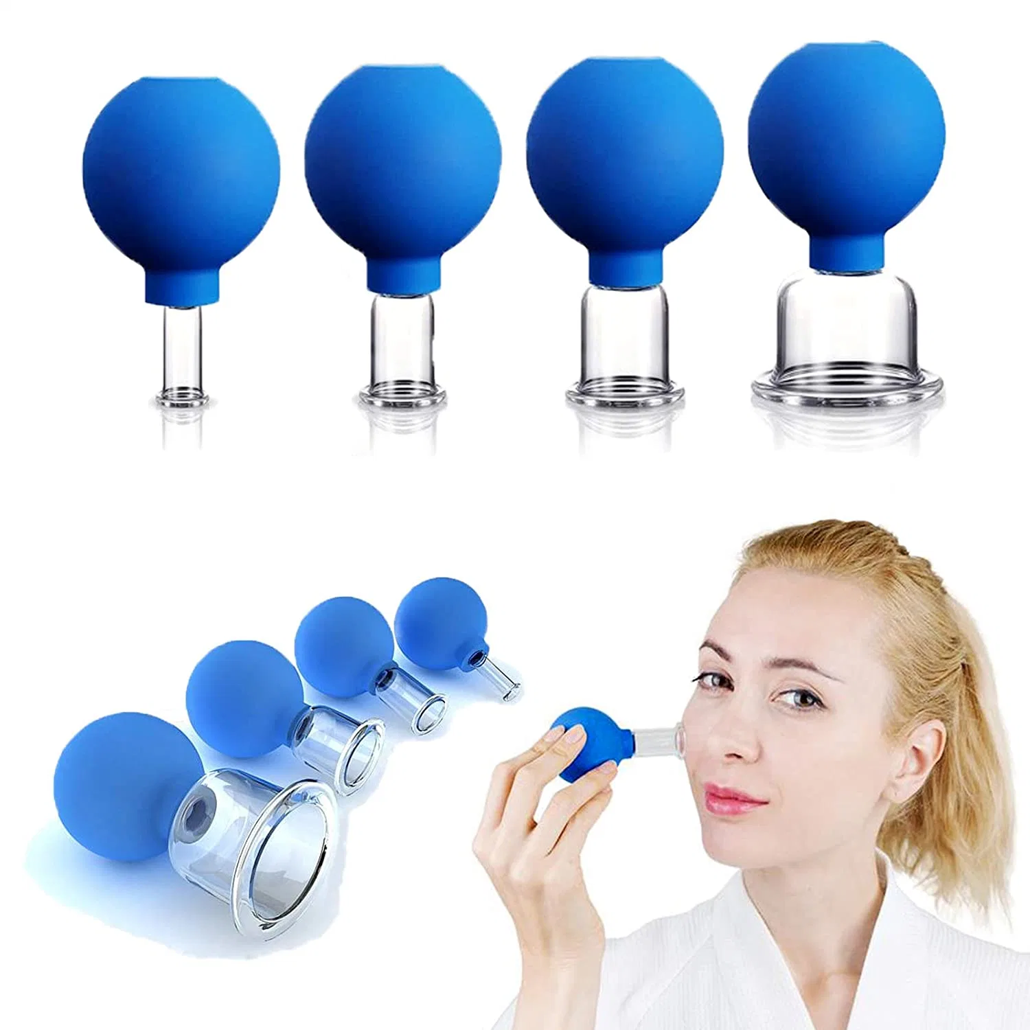 4 PCS vidro -Facial Silicone sucção a vácuo terapia de massagem conjunto canolamento