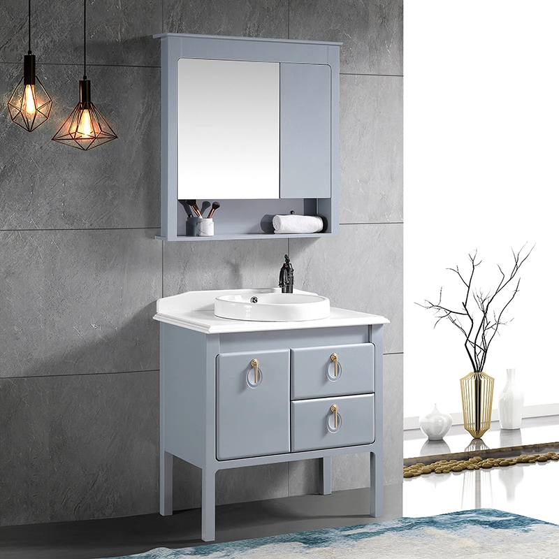 Precio al por mayor de la fábrica de madera maciza de cuarto de baño moderno y minimalista de la Vanidad con LED combinación inteligente de la ronda de la esquina del Espejo de cuarto de baño