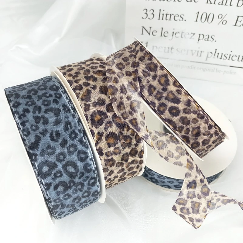 Mayorista de la fábrica de seda de impresión de leopardo Personalizada pura de la cinta Organza cinta cinta para la prenda de moda Accesorios