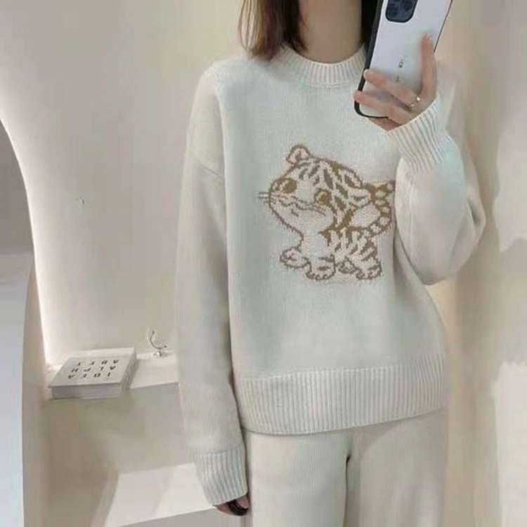 Women Animal Pattern Long Sleeve Loose Knit Pullover Sweater