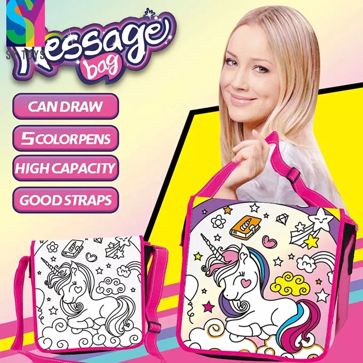 SY DIY sacs à Doodle personnalisés Art activité meilleure couleur cadeau Votre propre trousse de voyage à bandoulière Unicorn pour fille