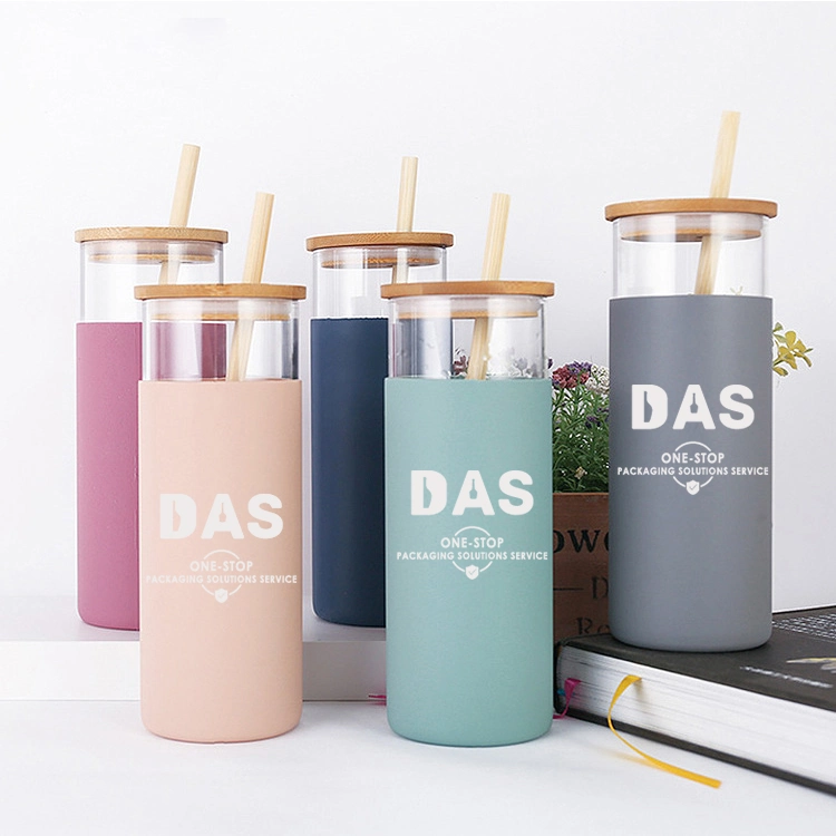 Hot Sale 16oz 500ml Empty Bamboo Lids Round Borosilicate Cup Glass Water Bottle with Straw and Silicone Sleeve