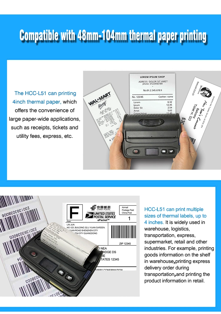 120mm Paper Size Portable Bluetooth Mobile Thermal Barcode Printer with LCD Display (HCC-L51)