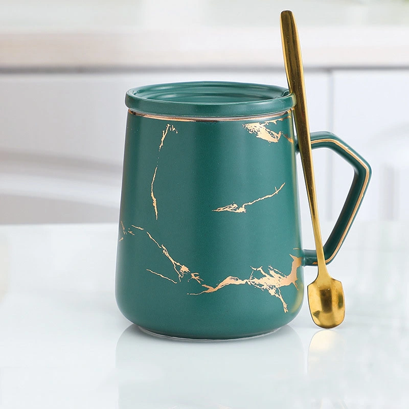 Factory Sale Porcelain Golden Marble Mug Set, Gift Use Golden Line Drawing Ceramic Coffee Mug with Lid and Spoon