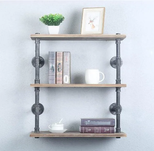 Real Wood Floating Industrial Pipe Shelf Rustic 3 Tier Wall Pipe Shelving, Steampunk Pipe Shelves Wall Mounted Used for Bar