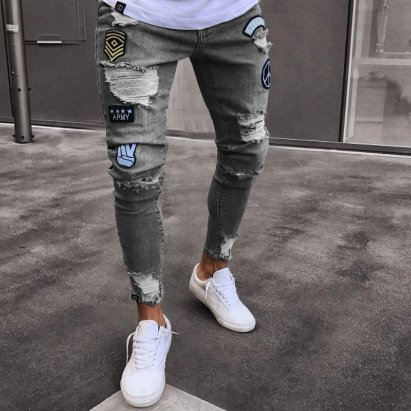 New Jeans Men's Hot Cross-Border Denim Knee Rips Zipper Trousers Zipper Men's Denim Pants