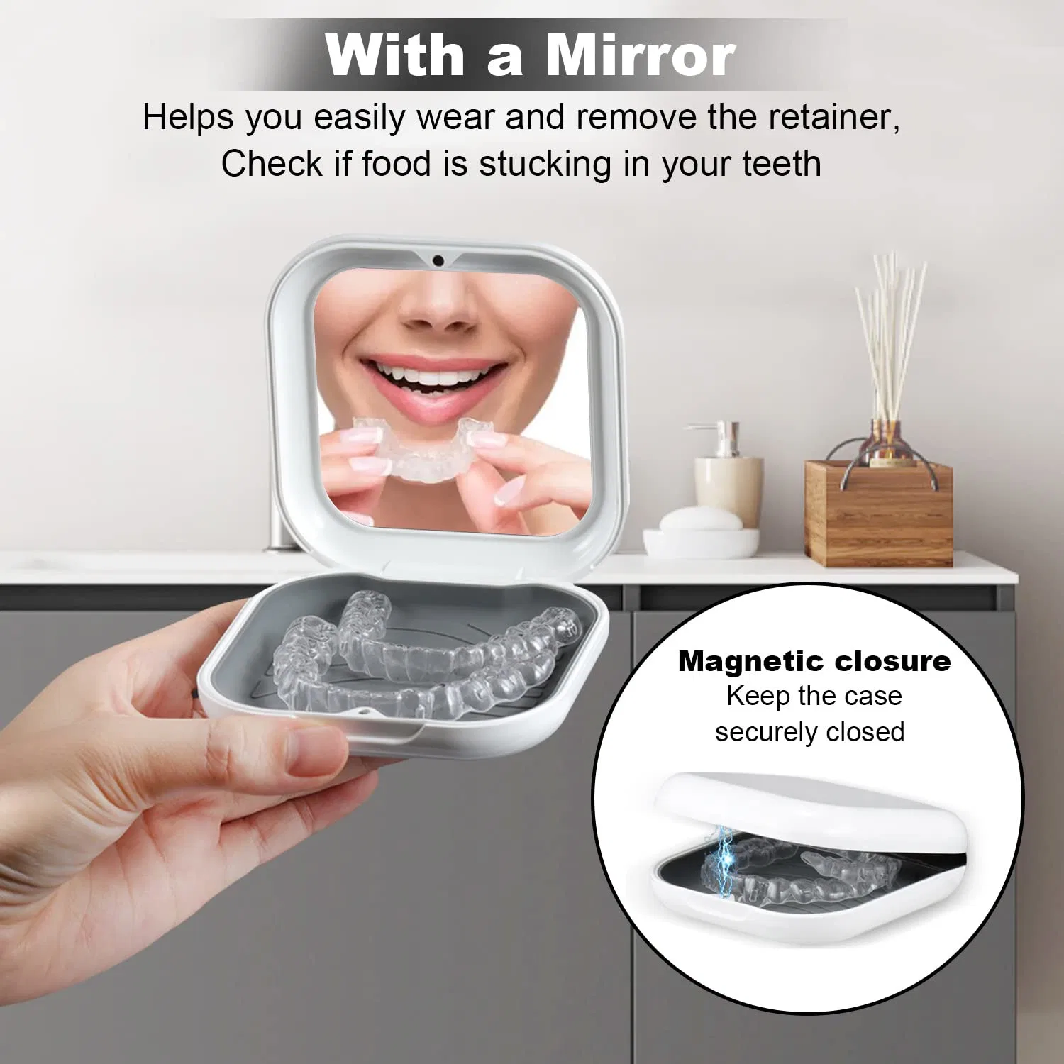 Square Denture Storage Box Dental Orthodontic Retainer Case with Mirror