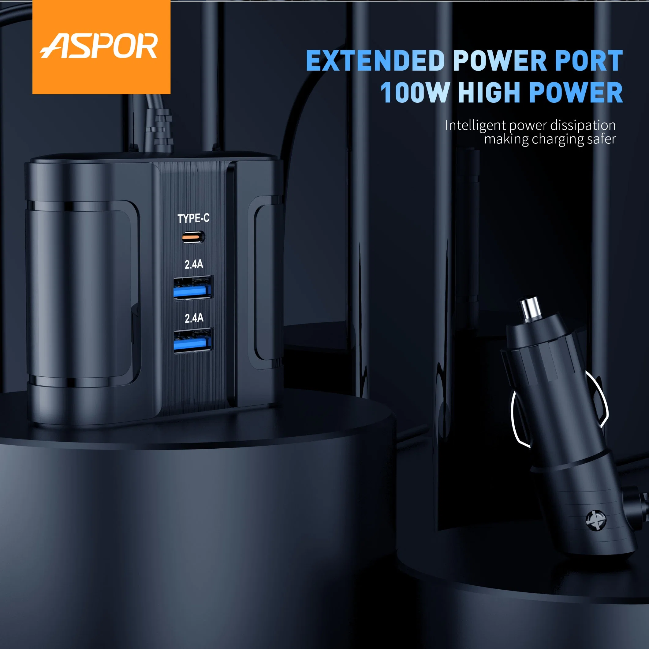 Aspor New Multifunctional Car Charger with Dual Smoking Light Output 100W Expansion Port Split Design 12V-24V Mobile Universal