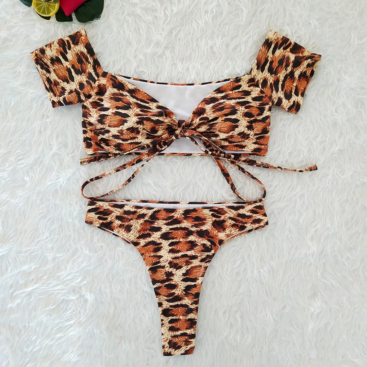 Women's Short Sleeve Bikini Set Sport Swimsuit Top Thong Bottom Leopard Swimwear