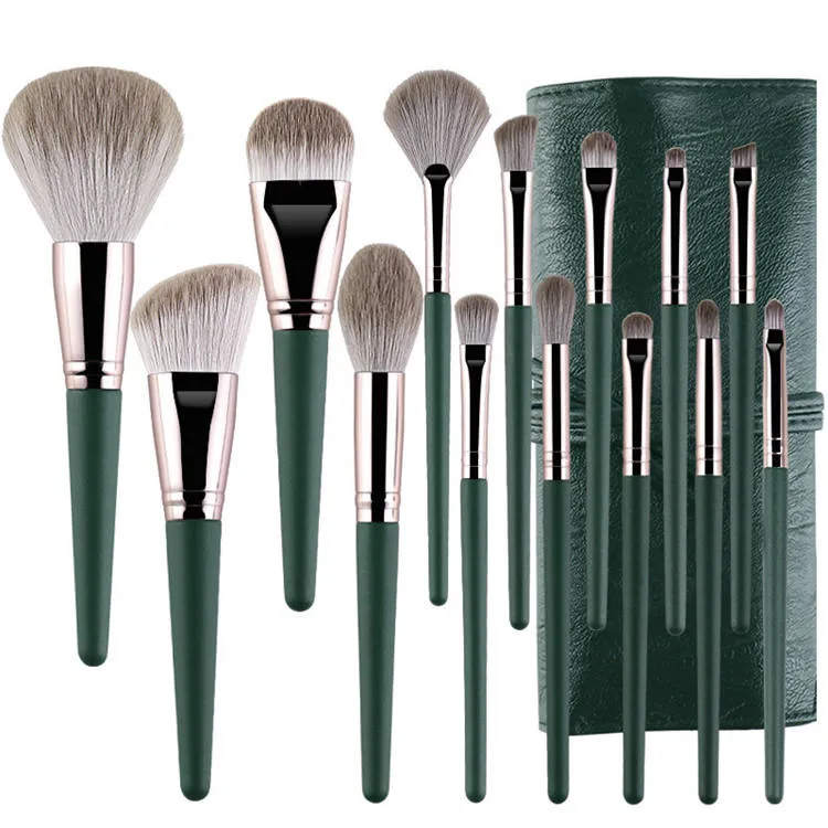 Ensemble de pinceaux de maquillage verts de haute qualité avec étui ceinture, 14 PCS, étiquette privée professionnelle, logo personnalisé, en poils synthétiques