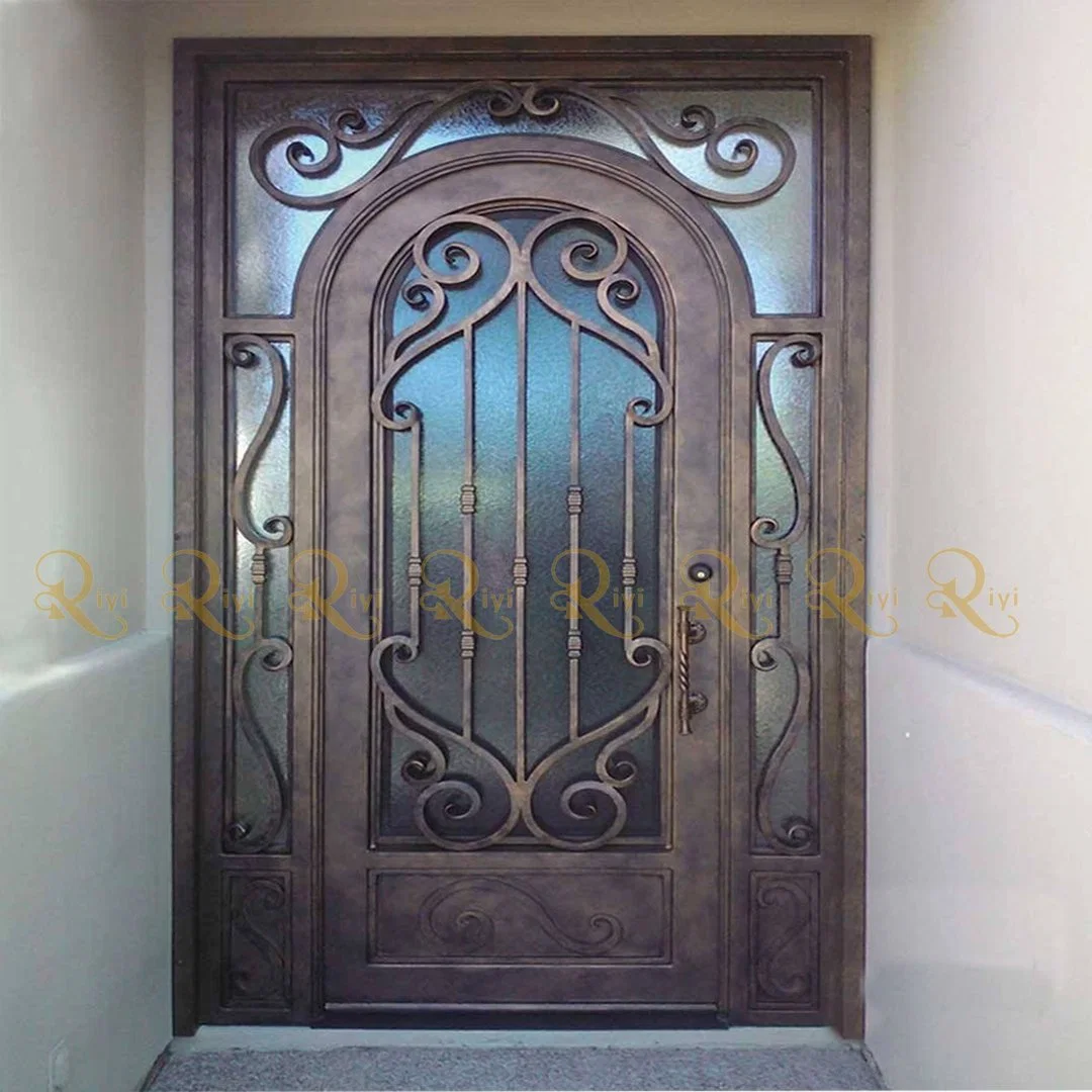 European Standard Double Panels Swing Style Wooden Door with Wrought Iron Door Single Entry