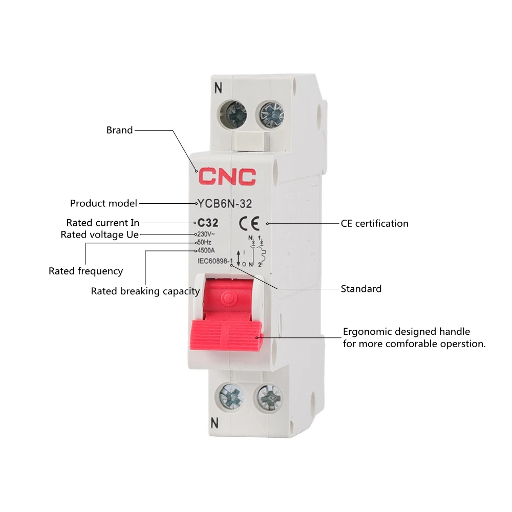 Ycb6n-32 3KA 32A 1P+N 6A 10A 16A 20A 25A 32A Disyuntor en miniatura con mango de diseño antideslizante DPN MCB