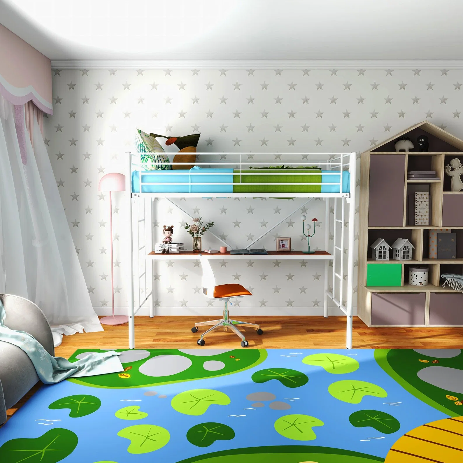 White High and Low Bunk Bed for Student Children