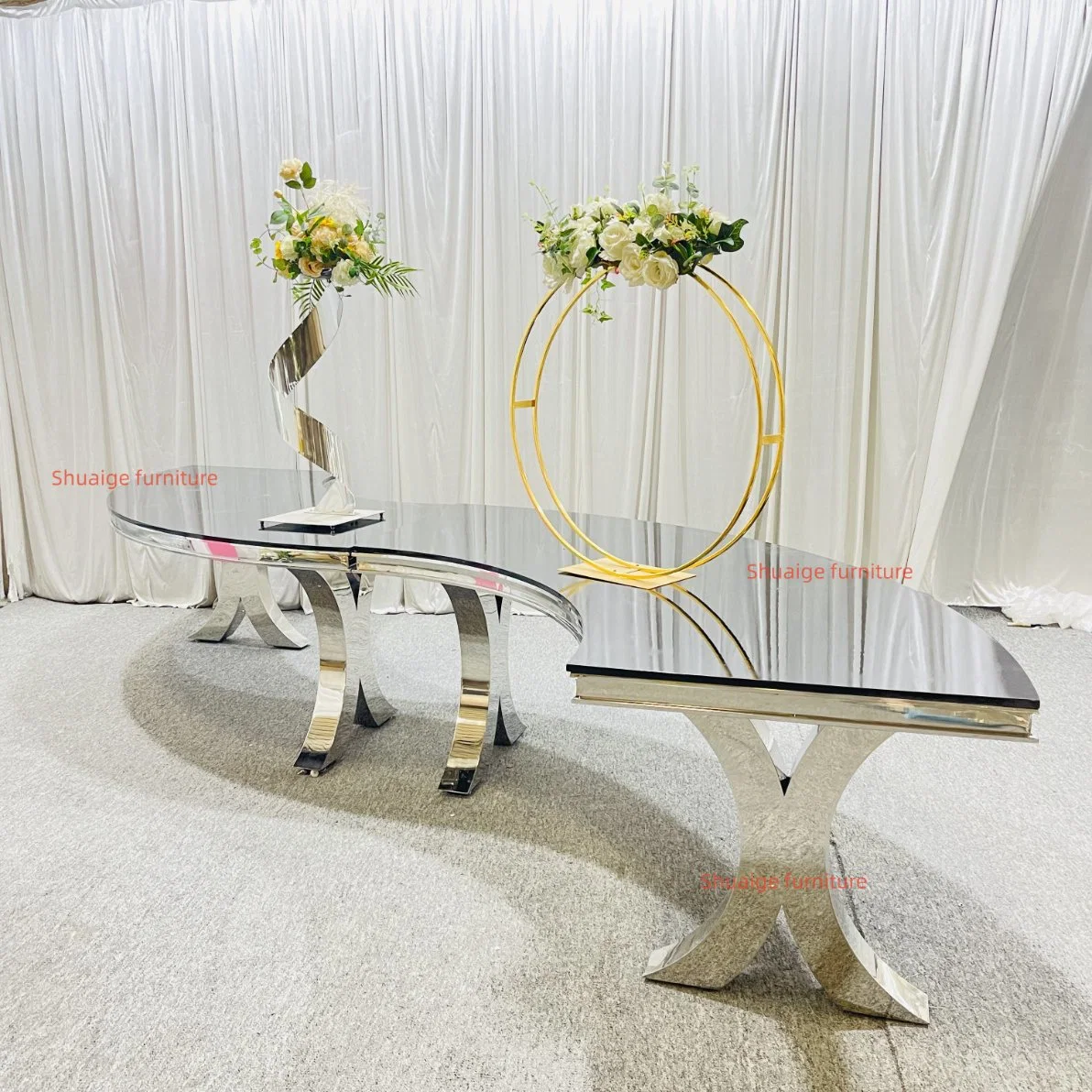 Round Gold Stainless Steel Dining Tables Wedding S Shape Table with Glass Top