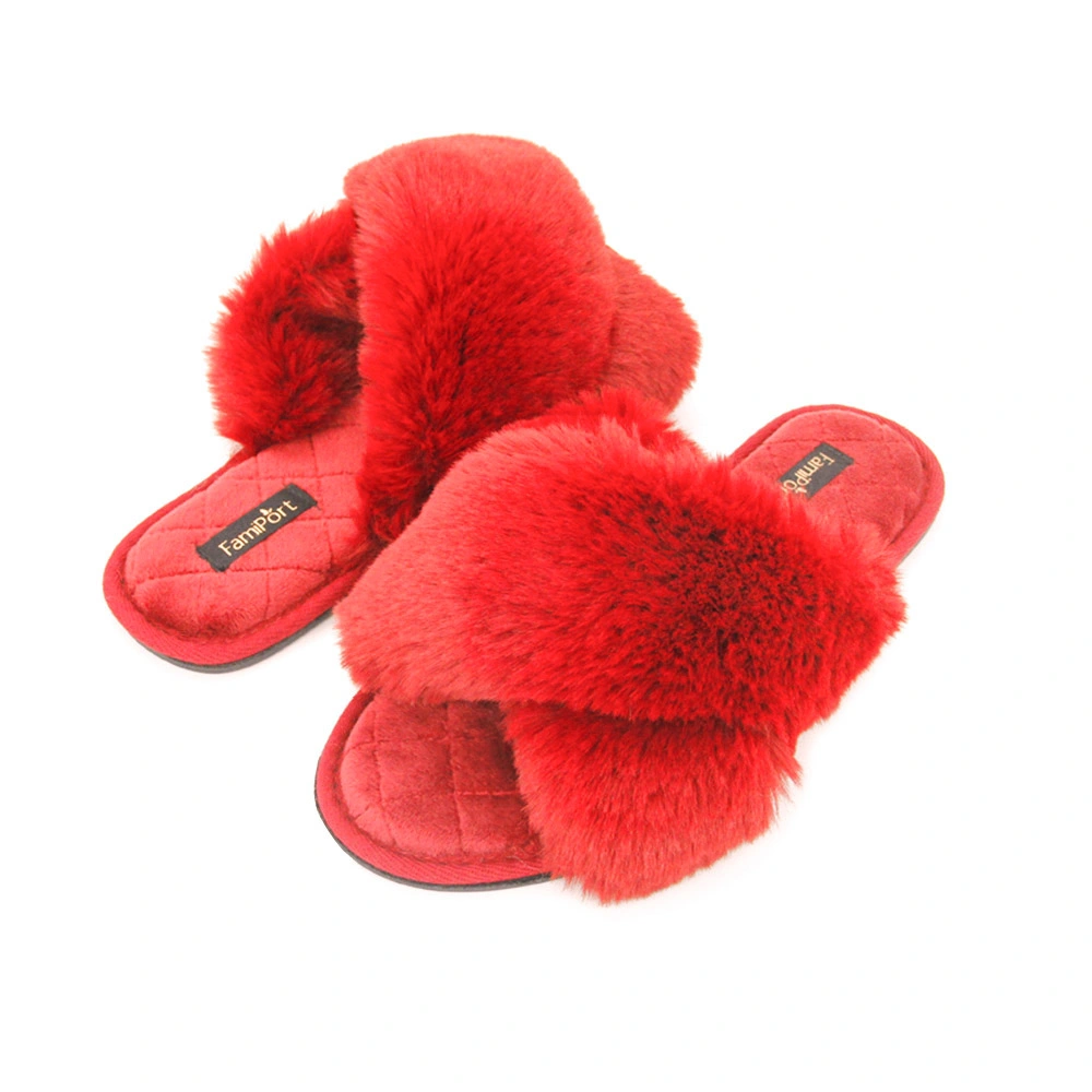 Women&prime; S Fuzzy Slippers Cross Band Memory Foam House Slippers Open Toe