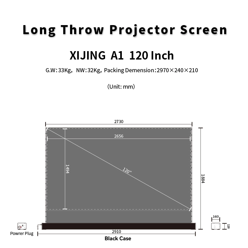 Xijing A1 de 120 pulgadas de pantalla proyector motorizado Piso Alr 16: 9 HD Vividstorm panorámico retráctil para películas de Cine Cine en casa Video Juego de oficina