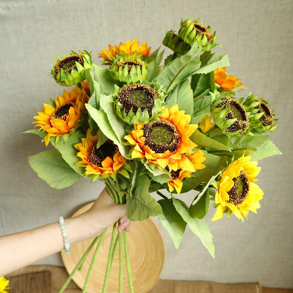 Mariage de l'artisanat 3 Fleurs artificielles de tournesol fabricant de gros de plantes vertes Ins décoration de fleurs de simulation transfrontières