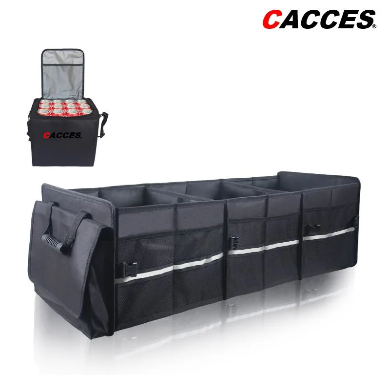 Cacces Car Boot Organiser, Car Boot Tidy, Car Boot Storage, Collapsible Multi 3 Compartment Car Organiser, Non Slip Bottom Adjustable Securing Strap, Ice Cooler