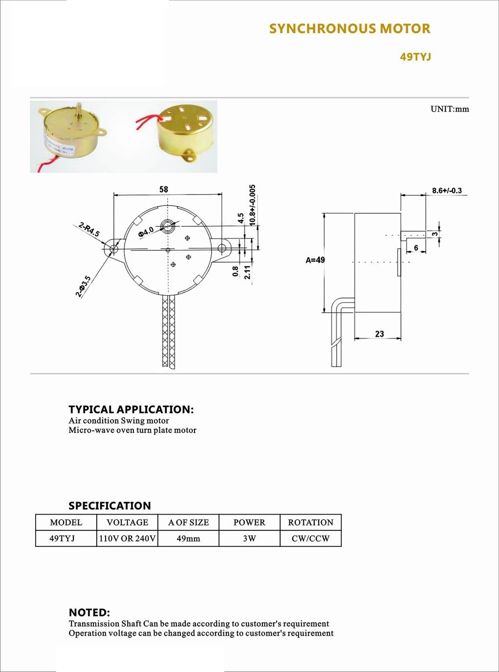 Moteur électrique synchrone AC pour plaques tournantes pour four/micro-four/pièces de guidage du vent