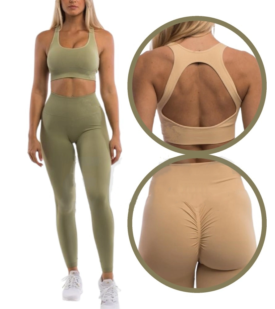 Custom 3pcs Sets Workout Scrunch Butt Shorts Leggings Open Back Sujetador deportivo cintura alta Leggins pantalones Legging conjunto de yoga sin costuras Chándal para ropa de mujer