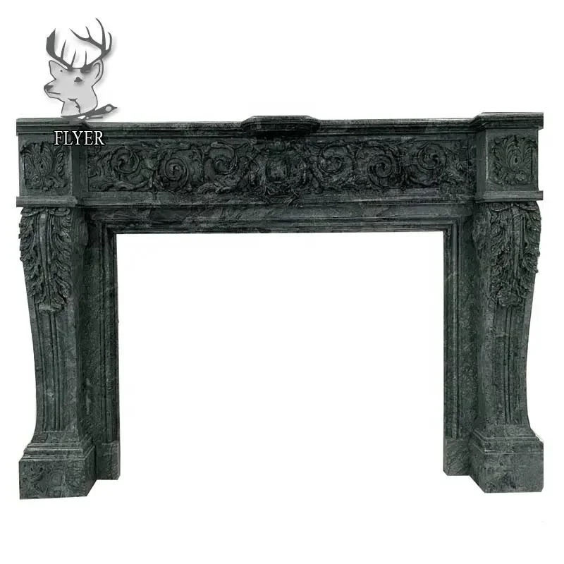 Customized Modern French Home Freestanding Stone Carving Fireplace Surround Polished Natural Green Marble Fireplace Mantel