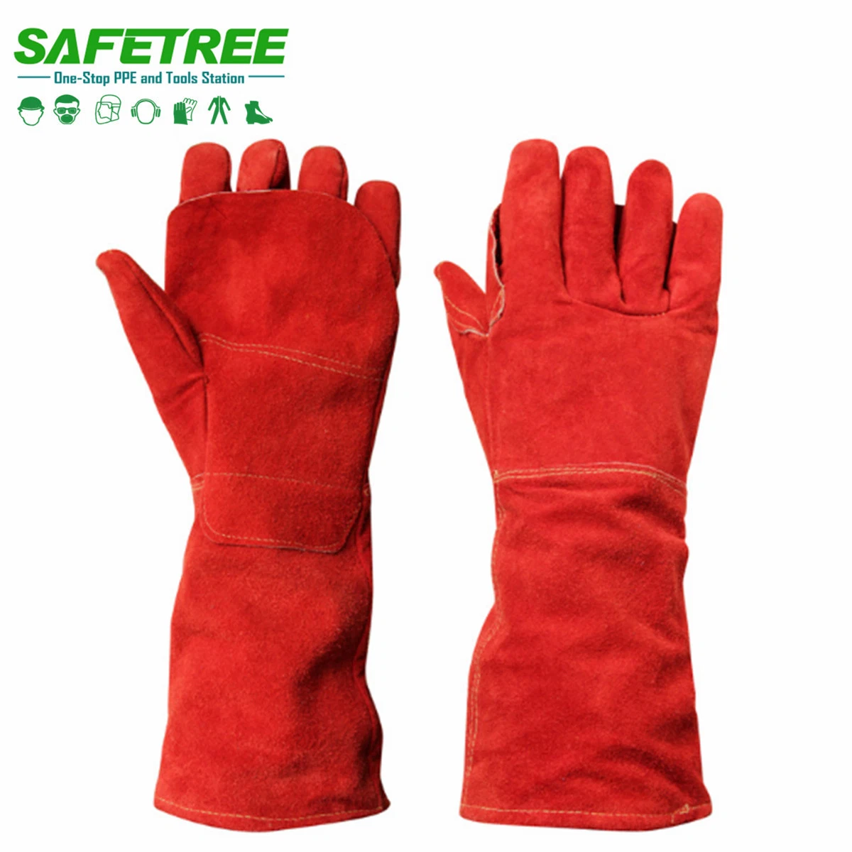 Long Red Welder Gloves 16&prime; CE En388 En407 Red Heat Resistant Split Leather Welding Gloves