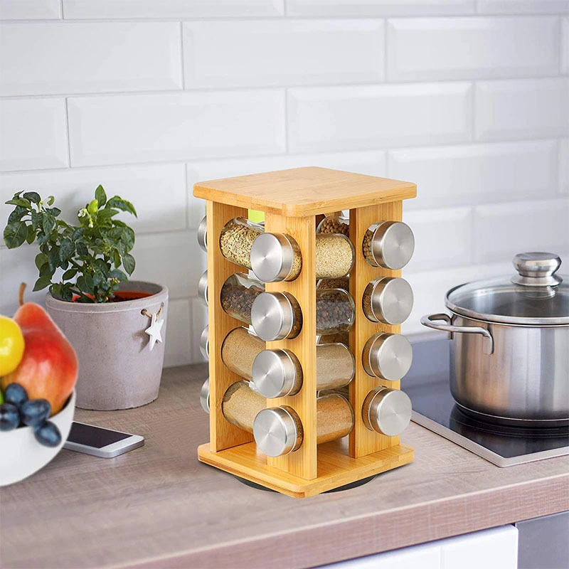 مجموعة أدوات الطبخ من Aveco Kitchen Storage Square Eco Bamboo Rotating Spice Racks مع 16 قطعة من دورق التوابل الشفاف