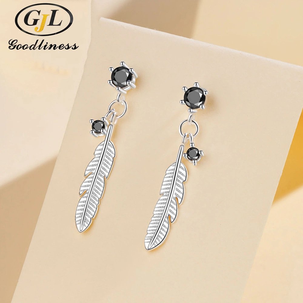 Dainty Black Stone Feather Dangle Earrings for Girls 925 Silver
