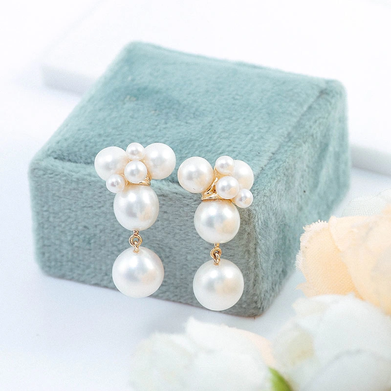 Freshwater Pearls Earrings Round White Color Pearls in 18K Real Gold Elegant Drop Earrings for Women