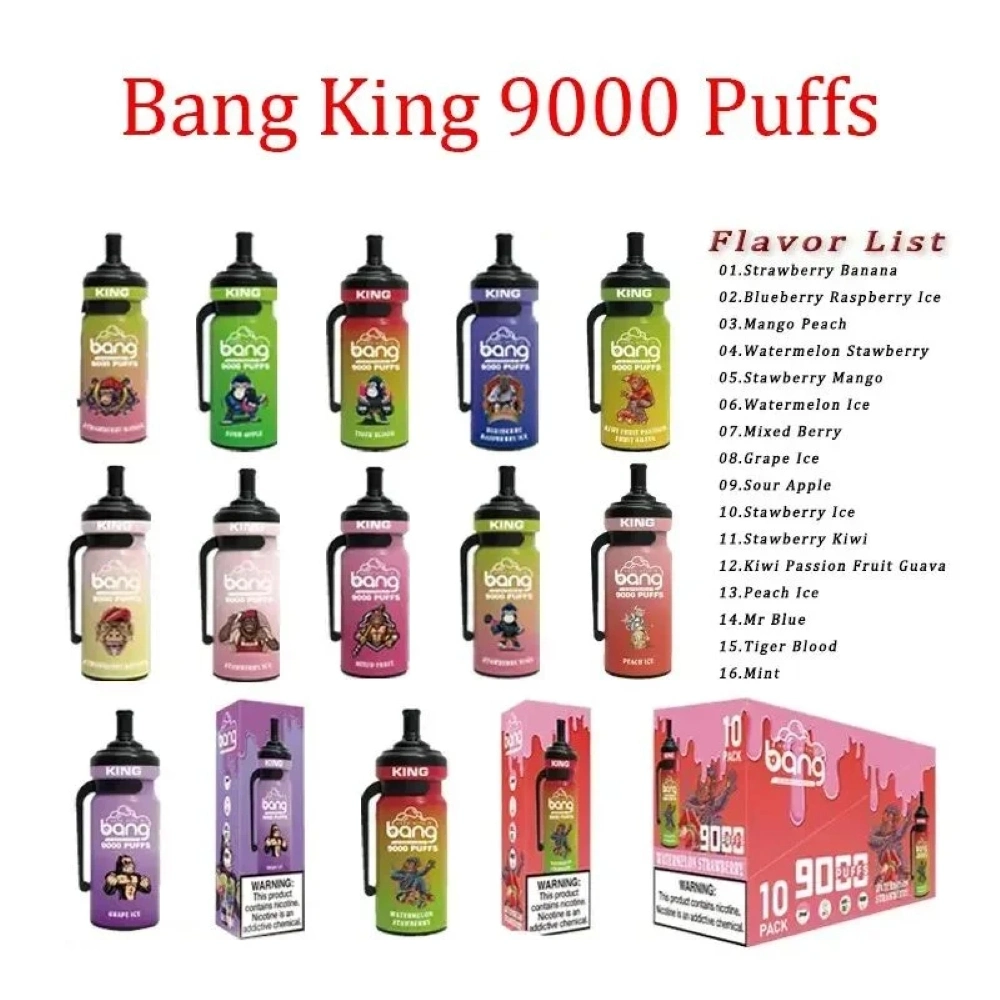 أطواق Bang King 9000 مع 16 نكهة سائل E-Cigarette سائلة مملوءة مسبقًا قلم القرود القرد بانج XXL الذي يمكن التخلص منه