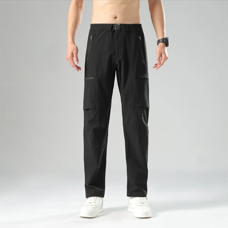 Pantalones de moda pantalones multifuncionales cintura elástica hebilla Zipper bolsillo piel Pantalones amistosos para hombres