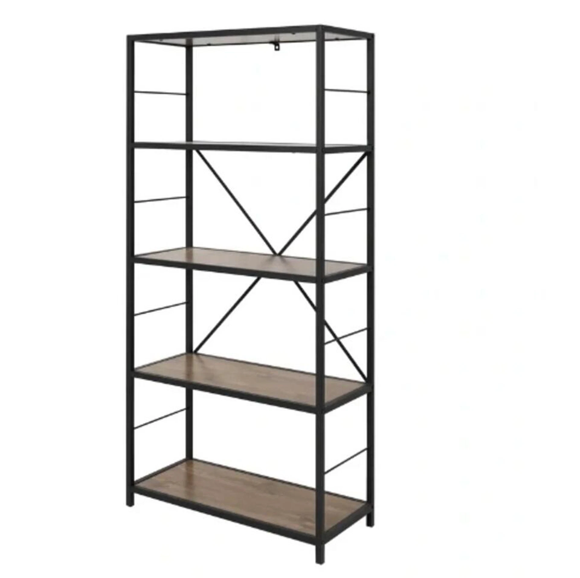 Natural Stained Acacia Wood Bookshelf with Rustic Metal Finished Iron Etagere Accents