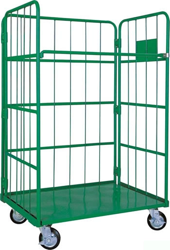 Warehouse Storage Three-Side Folding Wire Mesh Roll Container Rolling Cart Cage Trolley for Transportation