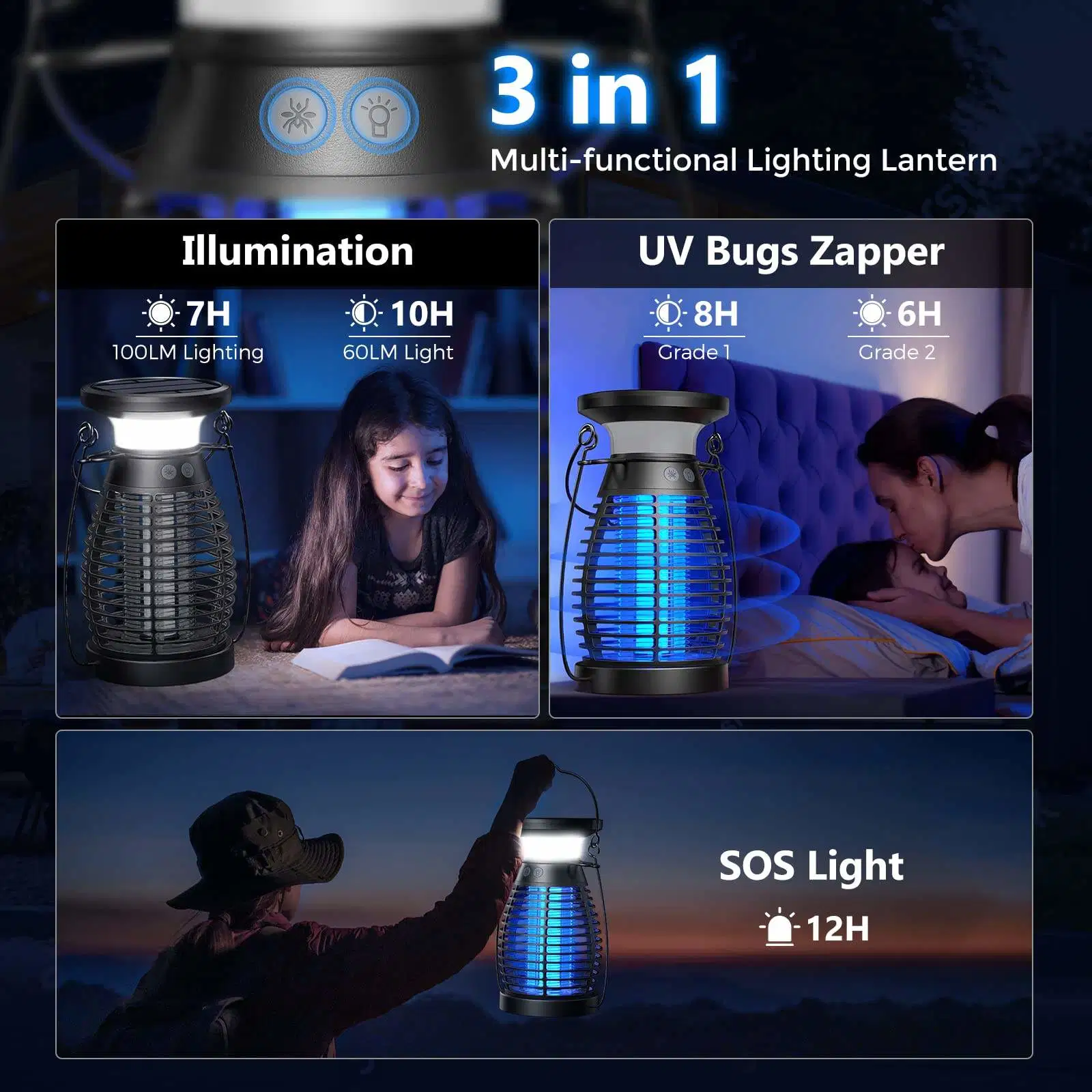 Sin cable &amp; recargable Mosquito Zapper Solar Bug Zapper impermeable al aire libre Con luz UV de alta potencia 4200v