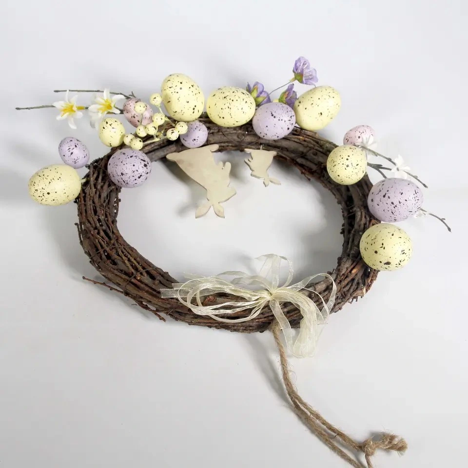 Spring Decor Easter Egg Rattan Wreath with Wood Bunny Mini Rabbit Easter Animal Ornaments Lovely Silk Bow Knot Easter Decoration