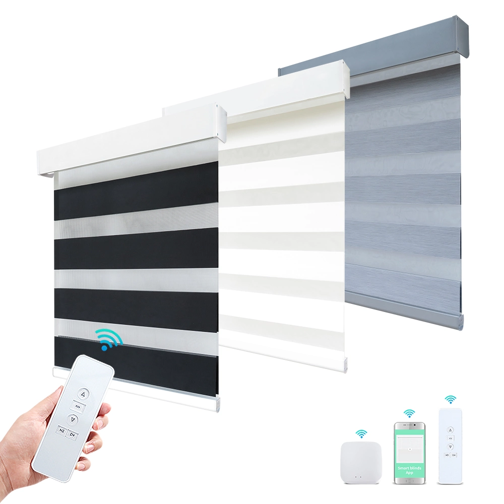 Indoor Electric Automated Motorized Smart Remote Polyester Window Blackout Zebra Shade Blinds