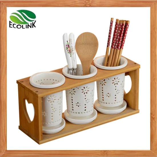 Rotatable Bamboo Utensil Holder Kitchen Utensil Organizer