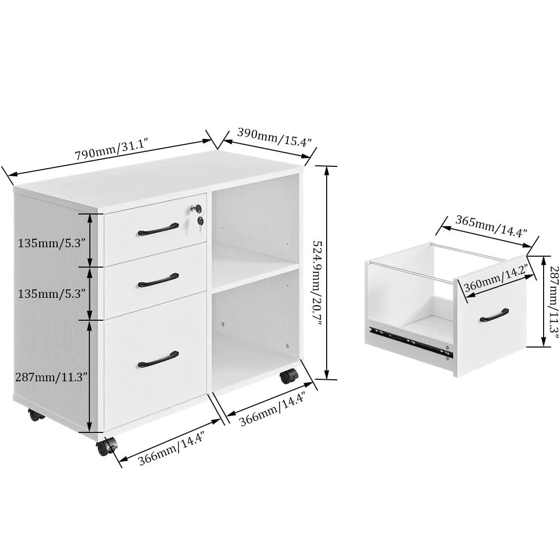 3 Drawer Office File Cabinets, Mobile Lateral Printer Stand with Open Storage Shelf, Rolling Filing Cabinet with Wheels