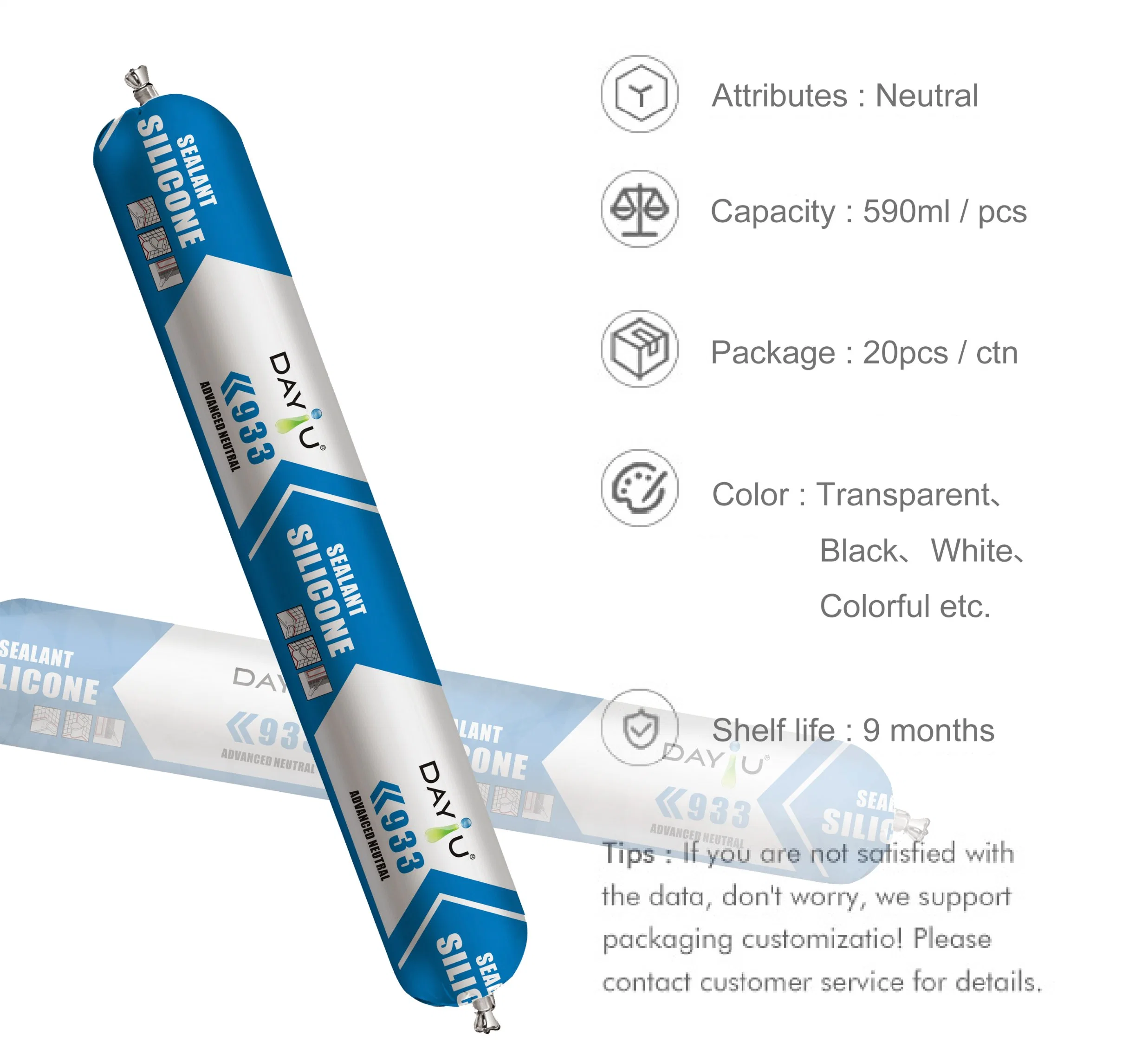 Joint d'étanchéité en silicone neutre pour verre, colle en silicone RTV, emballage en saucisse de 600 ml, joint en silicone adhésif pour mur-rideau.