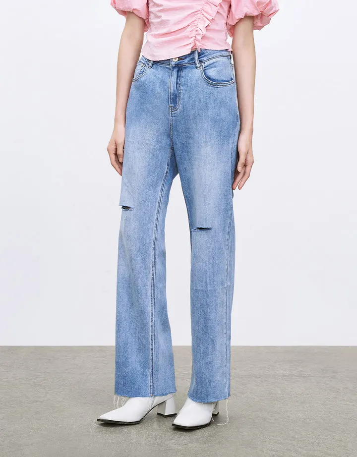 Women&prime; S Plain Raw Hem Leisure Jeans Trousers with Ripped on Front Legs Stretch Quality Denim Pants