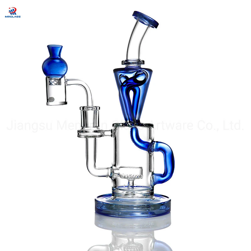 High-Temperature Glass Hookah Shisha Transparent Blue Arms Around and Cylindrical Porous Bubbler Glass Water Pipe